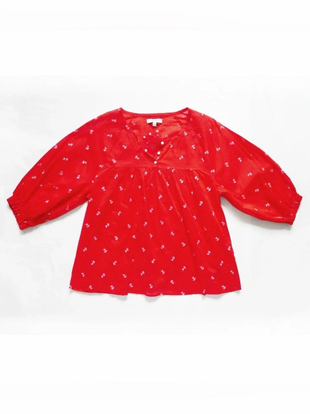 Madewell Red Floral Cotton Peasant Blouse Puff Sleeve Boho Top Small